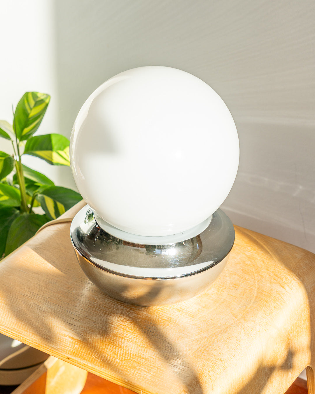 Vintage Space Age table lamp with opaline glass globe orb and chrome base, 1970s design