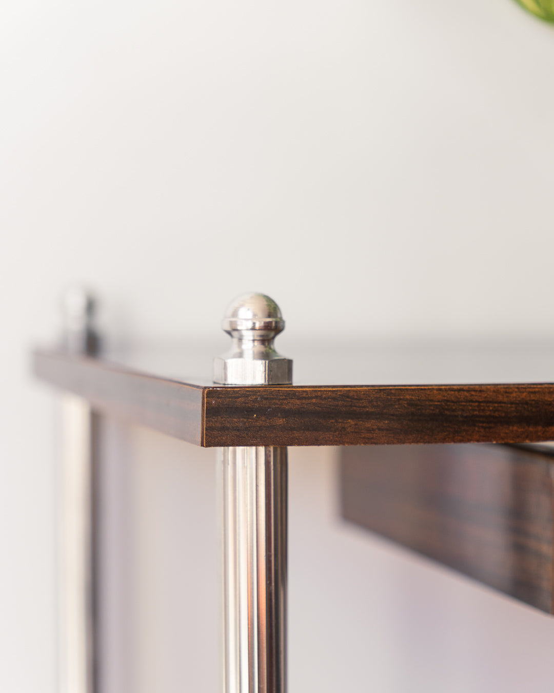 Vintage MCM 1960s chrome and wood veneer rolling table with drawer and caster wheels