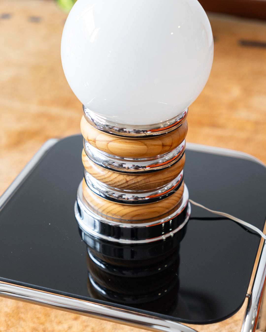 Space age table lamp with white opaline shade, chrome and wood base – Vecino Shop