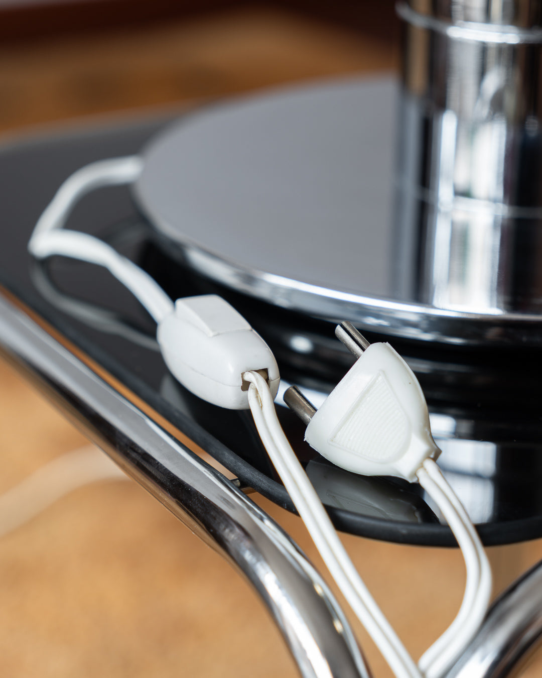 Vintage Space Age table lamp with sculptural chrome base and white opaline glass globe – Vecino Shop