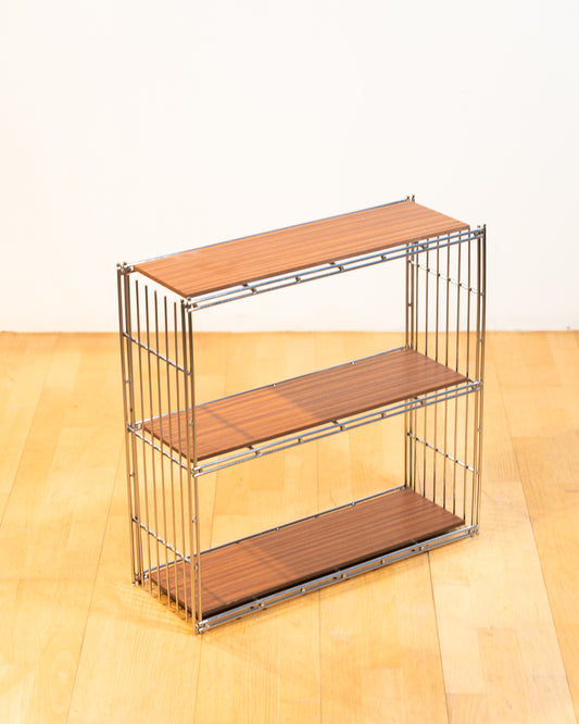Rare 1960s Multistrux chrome modular shelving system with five shelves, mixed wood and metal shelves, restored vintage unit. Vecino Shop