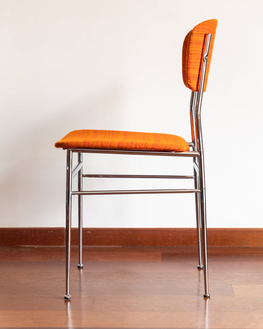 Pair of 1960s Space Age chrome chairs with orange striped fabric upholstery.