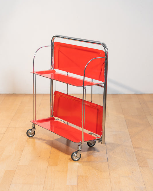 Vintage Raquer folding serving trolley 1960s, chrome frame with thin molded red trays, Mid-Century / Space Age design, compact foldable bar cart, similar to Dinnet and other classic European brands – Vecino Shop
