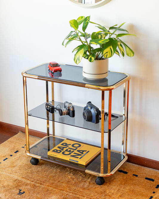 Vintage Gold Tubular 3-Tier Side Table – Smoked Glass & Wood – 1970s