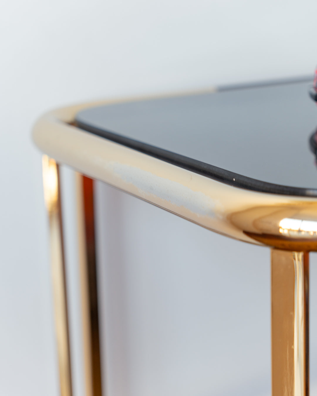 Vintage Gold Tubular 3-Tier Side Table – Smoked Glass & Wood – 1970s