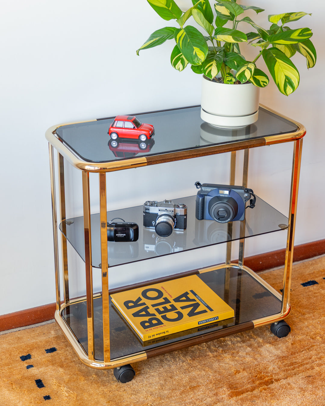 Vintage Gold Tubular 3-Tier Side Table – Smoked Glass & Wood – 1970s