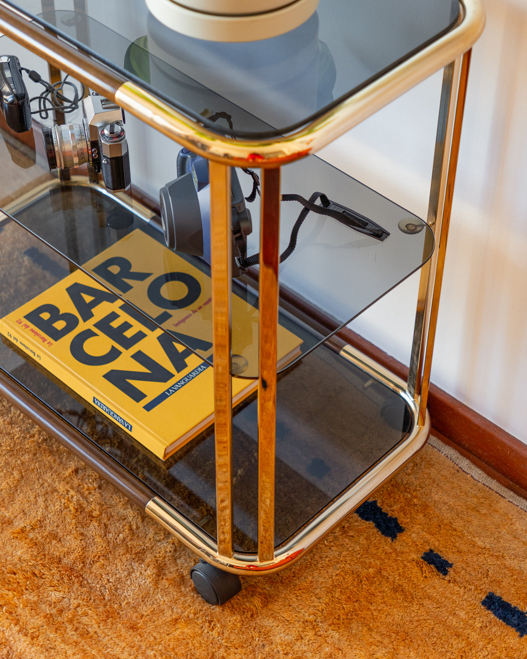 Vintage Gold Tubular 3-Tier Side Table – Smoked Glass & Wood – 1970s