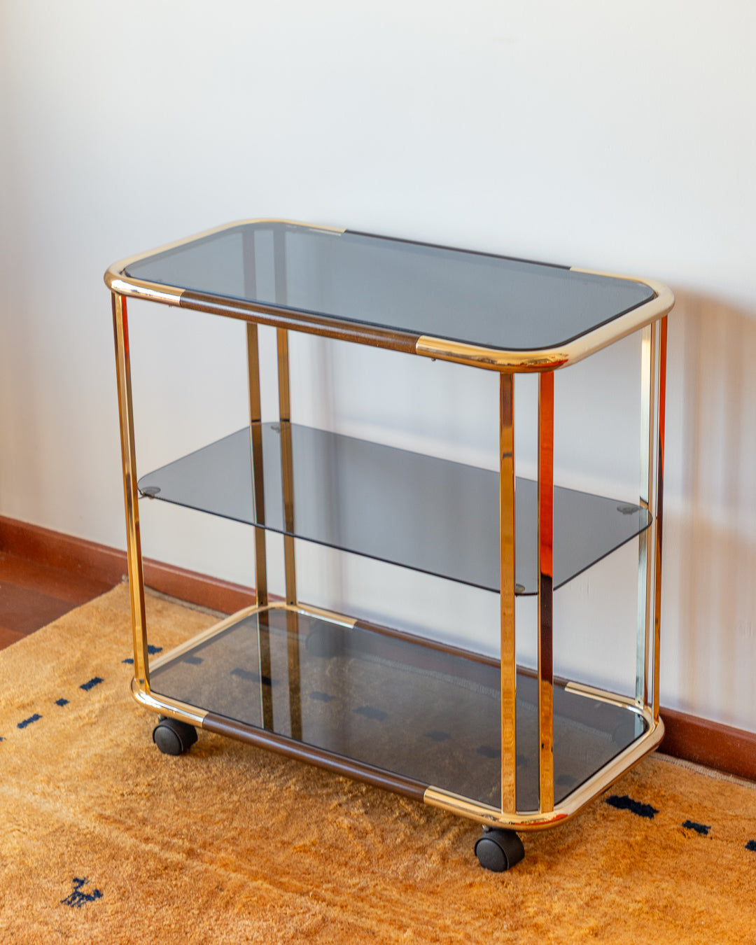 Vintage Gold Tubular 3-Tier Side Table – Smoked Glass & Wood – 1970s
