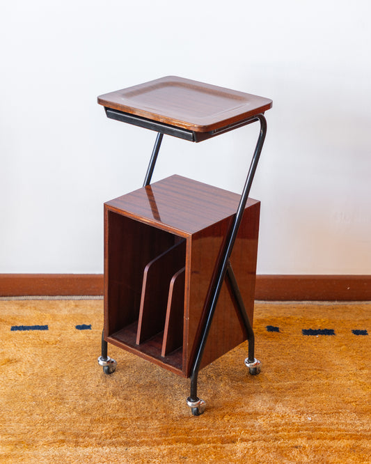Vintage 1960s wooden rolling side table with black metal frame, magazine rack – Vecino Shop