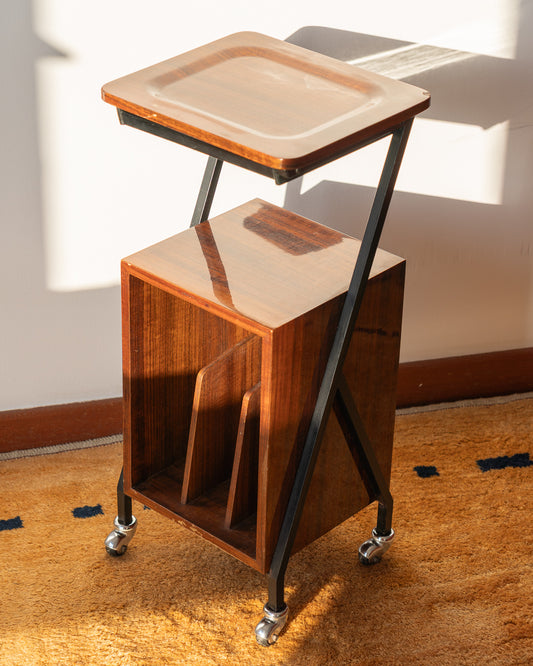 Vintage 1960s wooden rolling side table with black metal frame, magazine rack – Vecino Shop