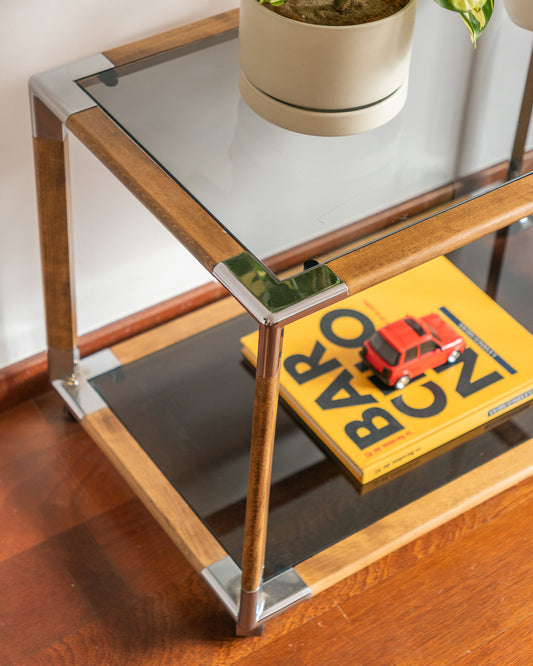 Vintage 1970s wooden side table with smoked glass shelves and chrome corner joints, two-tier, minor wear | Vecino Shop