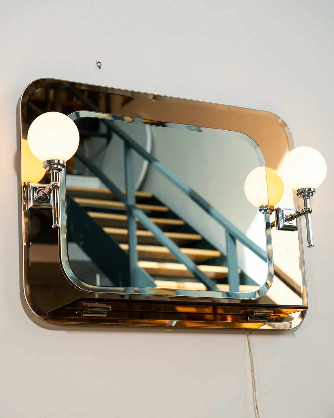 Vintage Space Age smoked pink glass bathroom set from the 1970s with illuminated mirror, shelf, towel holder and toilet paper holder. Vecino Shop