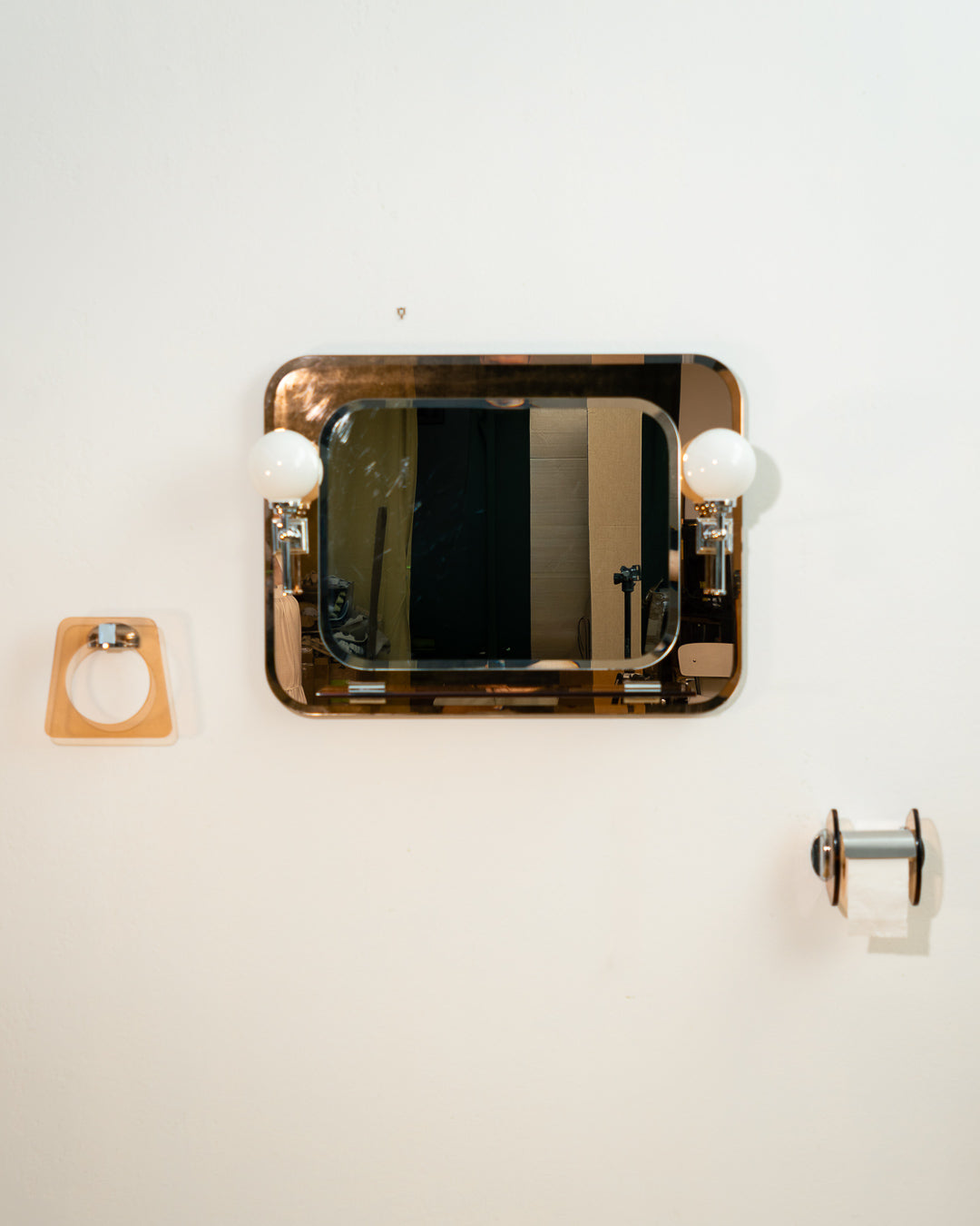 Vintage Space Age smoked pink glass bathroom set from the 1970s with illuminated mirror, shelf, towel holder and toilet paper holder. Vecino Shop