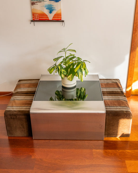 1970s brushed steel modular coffee table with black glass and four stools | Vecino Shop