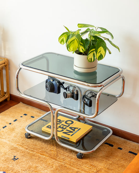 Vintage 1970s 3-tier chrome side table with smoked glass shelves – restored piece with signs of age on bottom tier – Vecino Shop