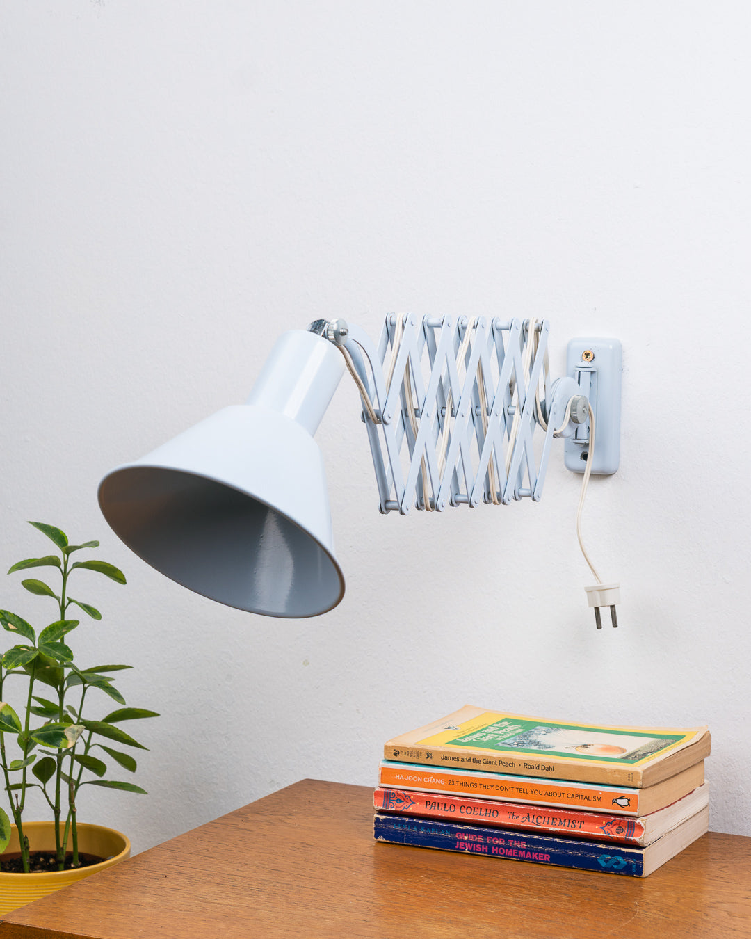 Vintage 1960s light blue metal scissor arm wall lamp with extendable accordion mechanism and adjustable cone shade – Vecino Shop