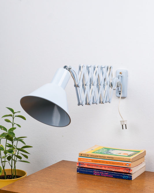 Vintage 1960s light blue metal scissor arm wall lamp with extendable accordion mechanism and adjustable cone shade – Vecino Shop