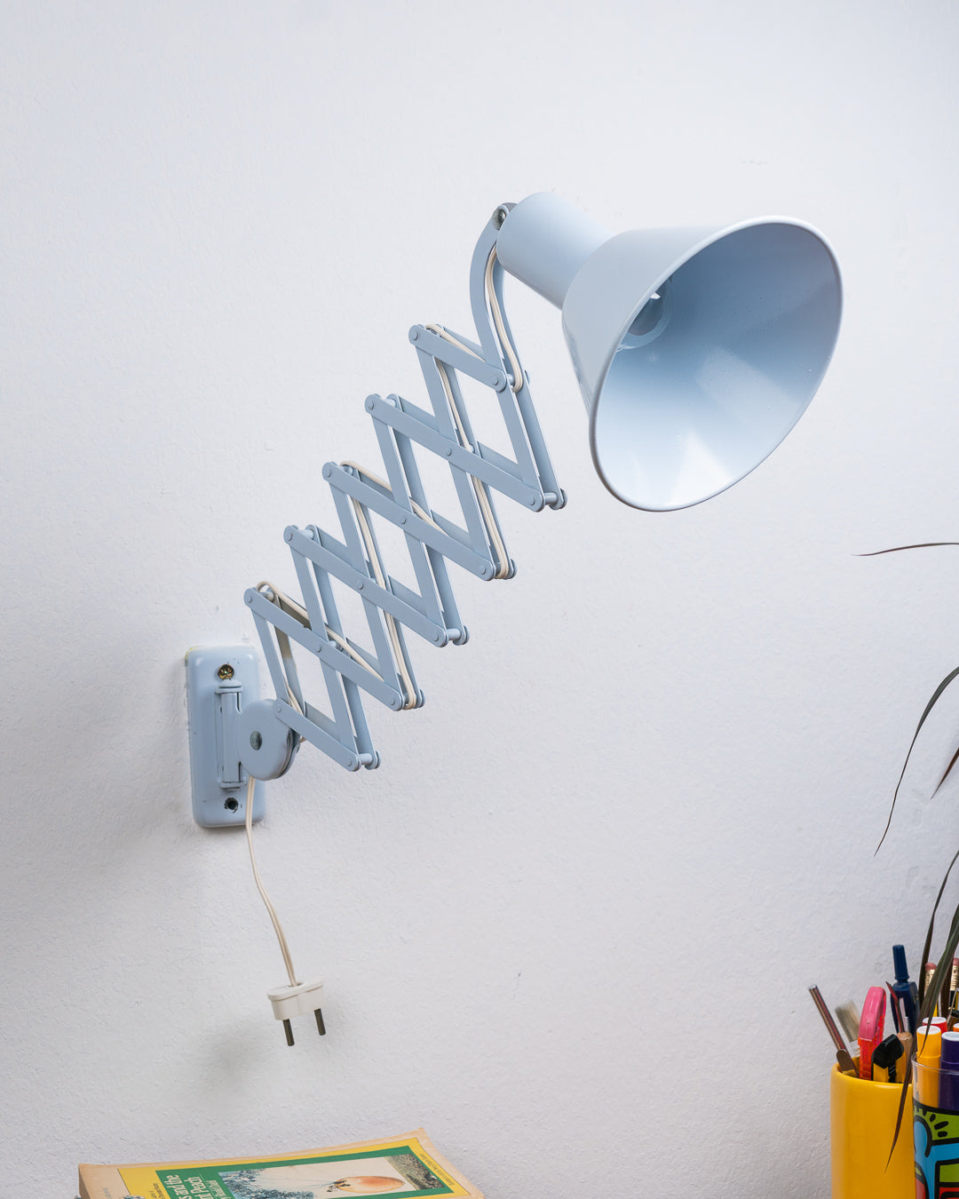 Vintage 1960s light blue metal scissor arm wall lamp with extendable accordion mechanism and adjustable cone shade – Vecino Shop
