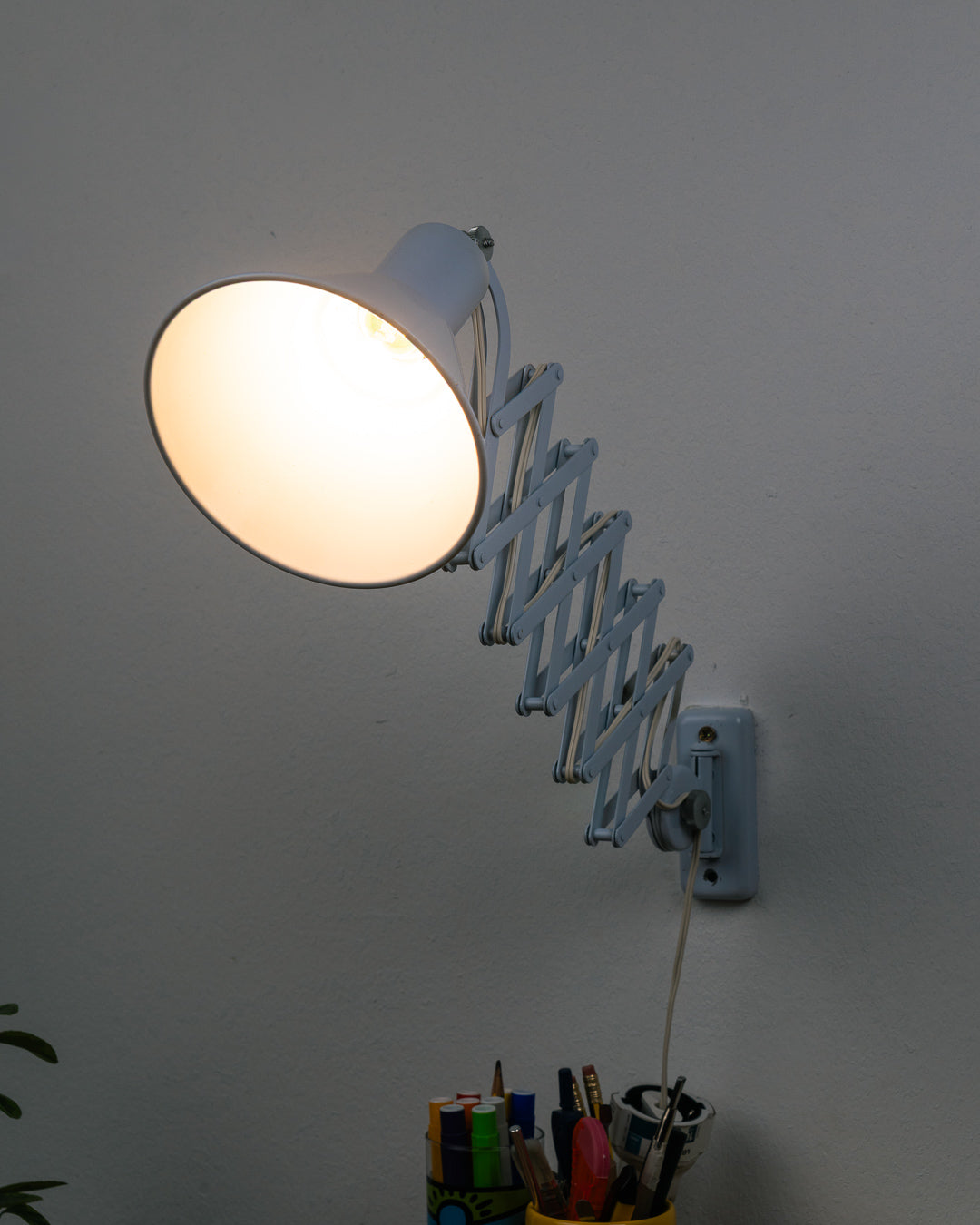 Vintage 1960s light blue metal scissor arm wall lamp with extendable accordion mechanism and adjustable cone shade – Vecino Shop