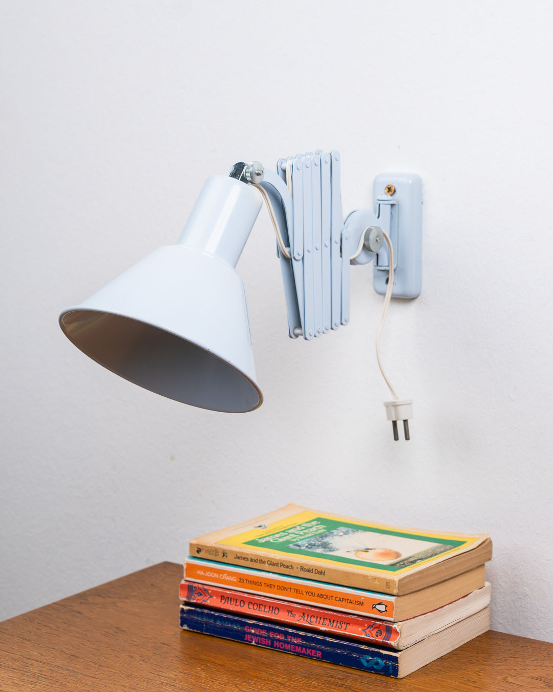 Vintage 1960s light blue metal scissor arm wall lamp with extendable accordion mechanism and adjustable cone shade – Vecino Shop