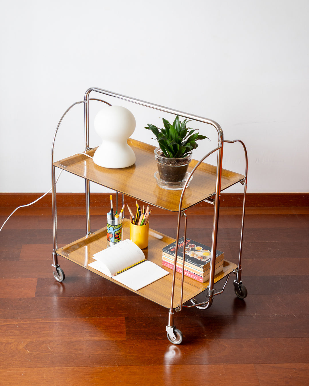 Vintage 1970s Bremshey Dinett folding serving trolley with chrome frame and wooden trays – Vecino Shop