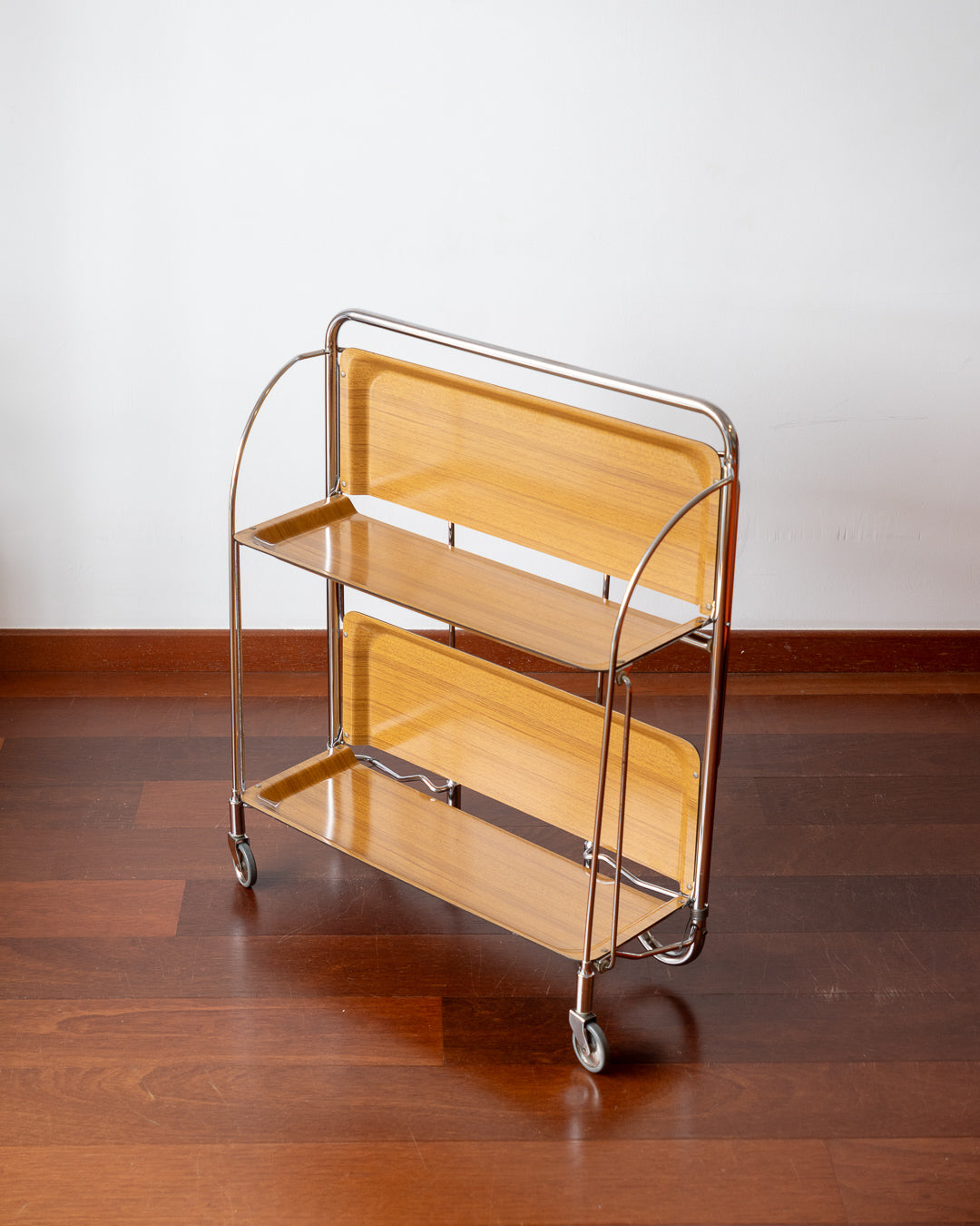 Vintage 1970s Bremshey Dinett folding serving trolley with chrome frame and wooden trays – Vecino Shop