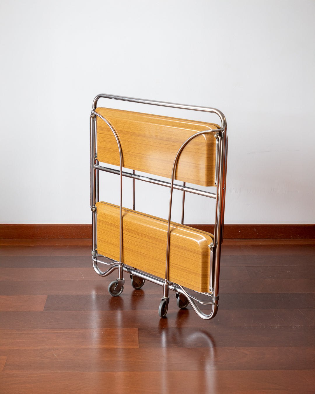 Vintage 1970s Bremshey Dinett folding serving trolley with chrome frame and wooden trays – Vecino Shop