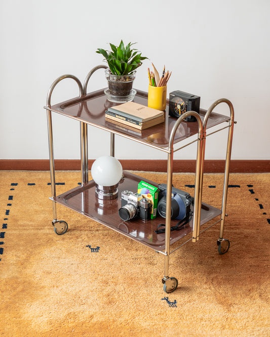 Vintage 1970s folding serving trolley with rare arched chrome frame and wood veneer shelves
