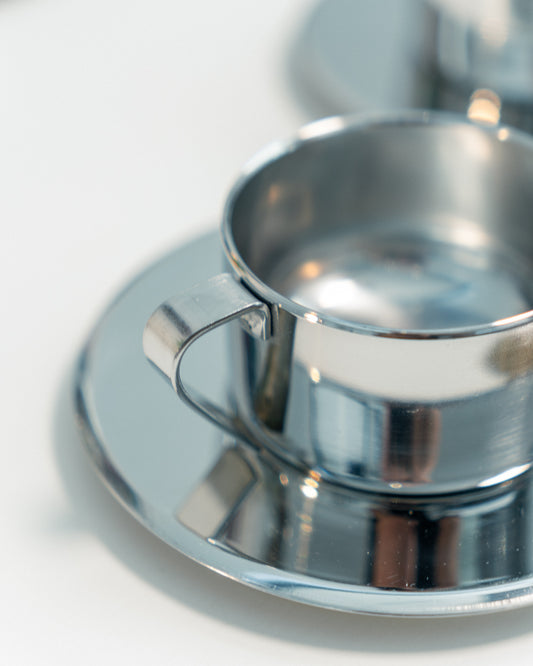 Vintage 1970s Italian double-walled stainless steel espresso set with six cups, saucers and matching sugar server. Vecino Shop