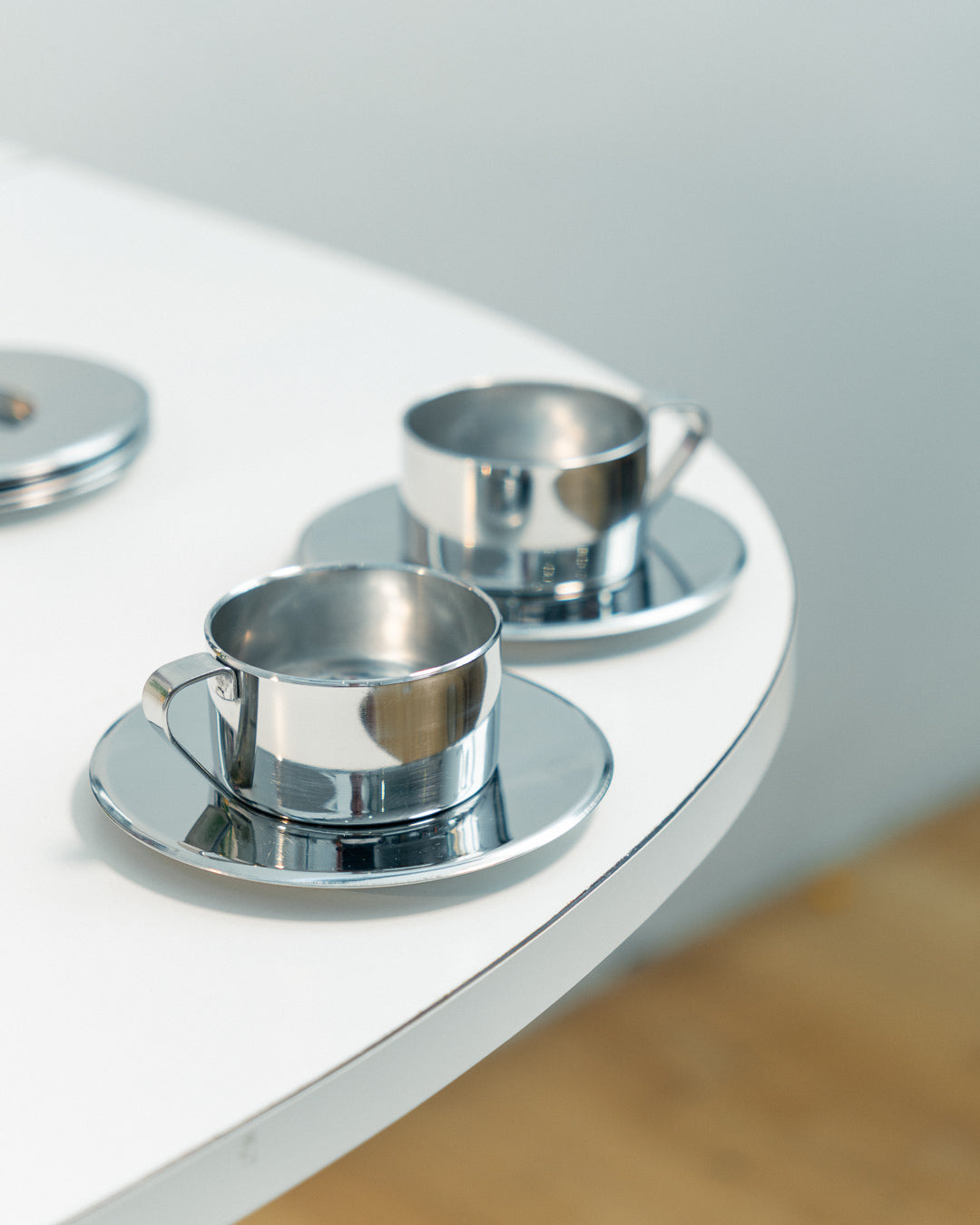 Vintage 1970s Italian double-walled stainless steel espresso set with six cups, saucers and matching sugar server. Vecino Shop