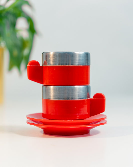 Vintage 1970s Jolly Rivadossi Italy double-walled stainless steel espresso cups with plastic red accent, saucers and sugar server. Vecino Shop