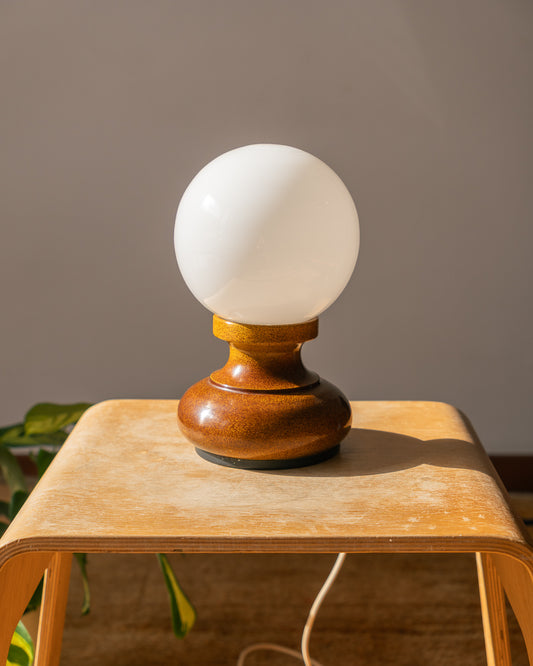 Vintage 1970s Space Age table lamp with speckled brown metal base and white opaline glass shade – Vecino Shop