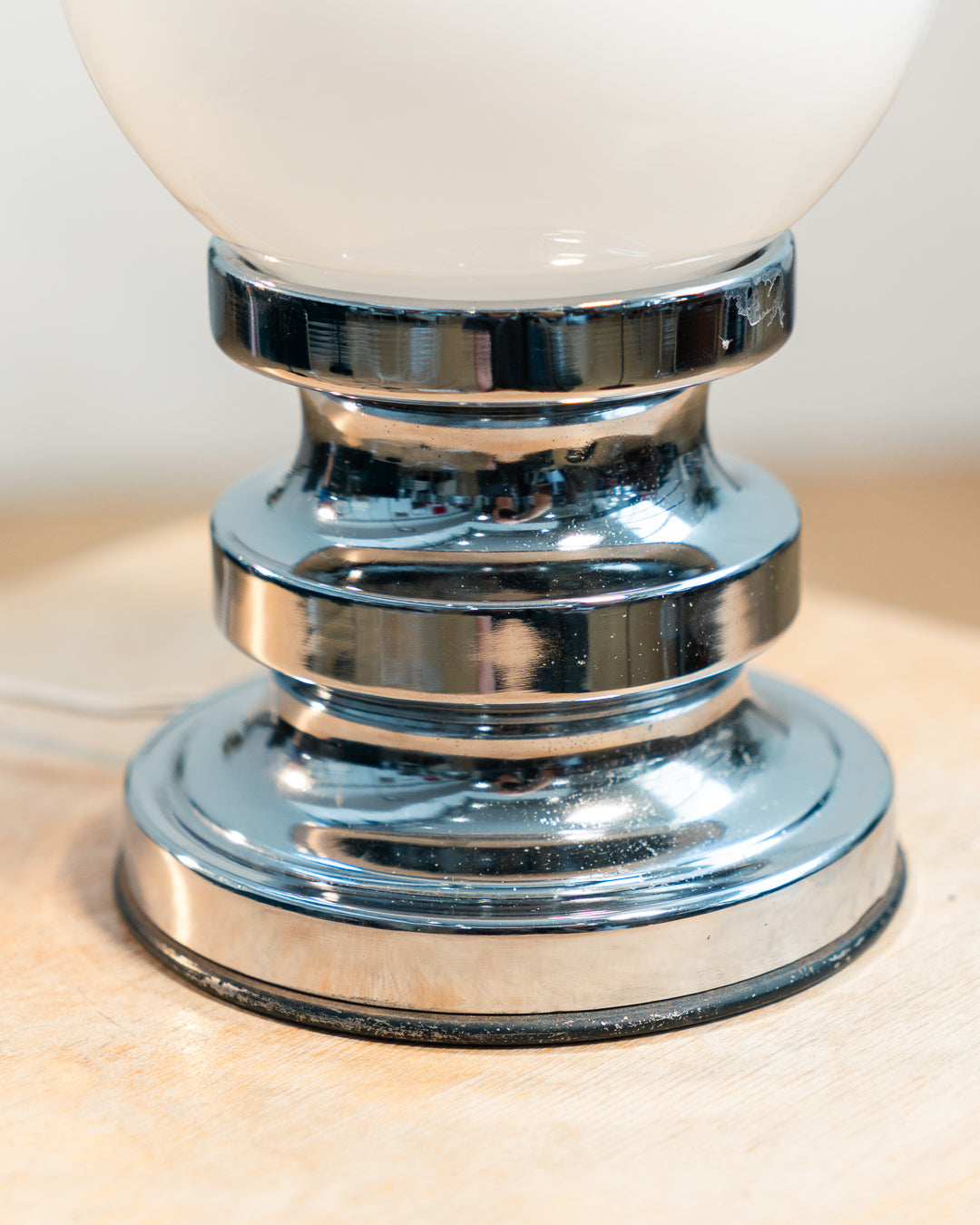 Vintage 1970s opaline orb table lamp with chrome base, Space Age design and soft glowing glass shade. Vecino Shop