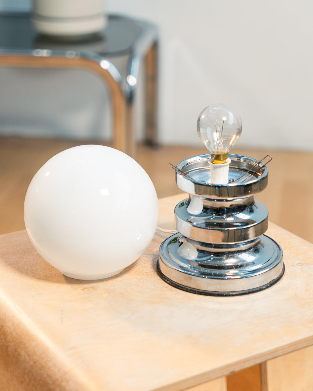 Vintage 1970s opaline orb table lamp with chrome base, Space Age design and soft glowing glass shade. Vecino Shop