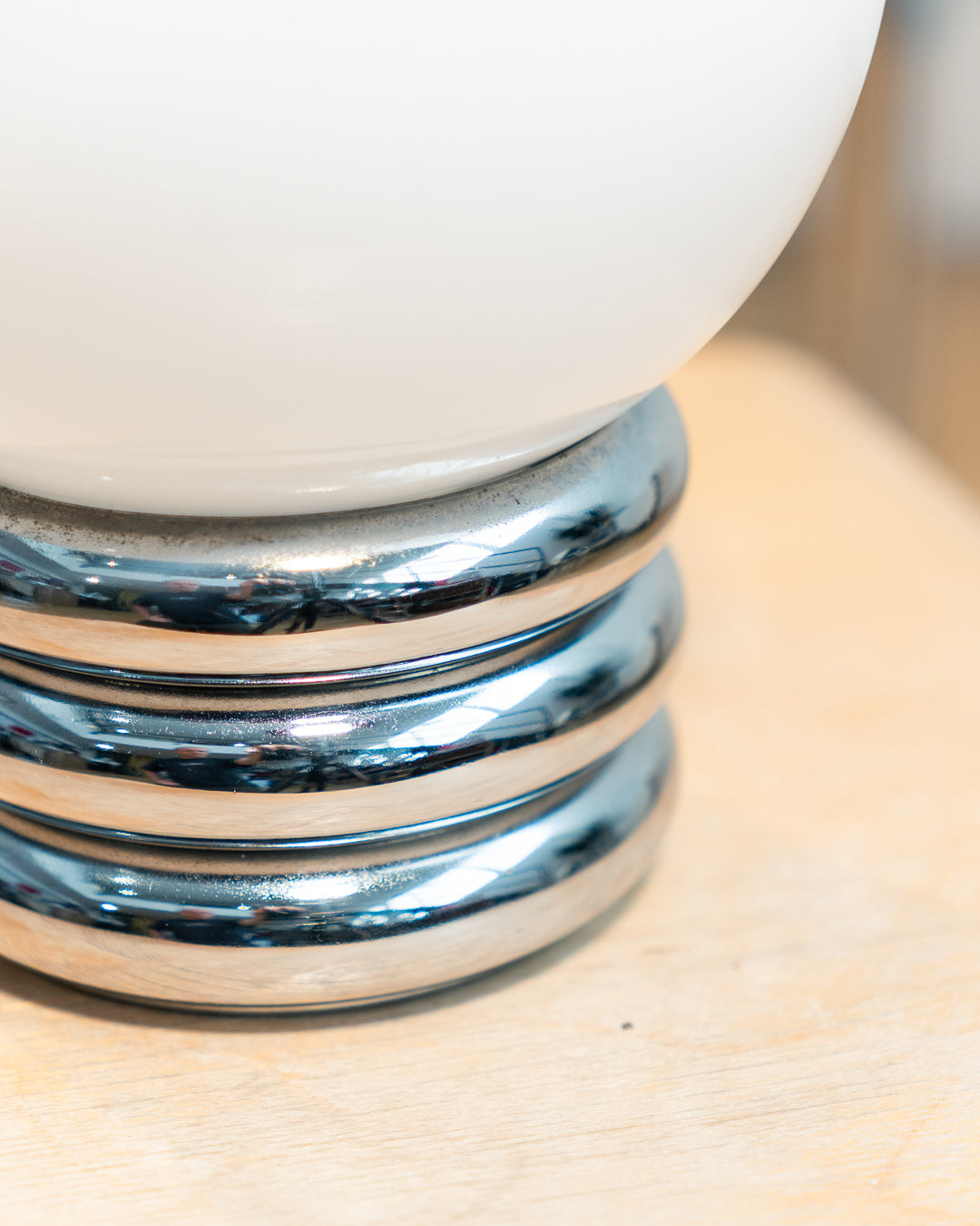 Vintage 1970s opaline orb table lamp with 3-banded chrome base, Space Age design. Two variants shown, Vecino Shop