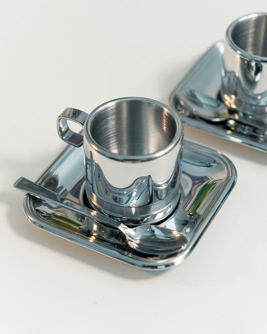 1980s Vintage Zini Italy double-walled stainless steel espresso set with cups, saucers, spoons and sugar server. Vecino Shop