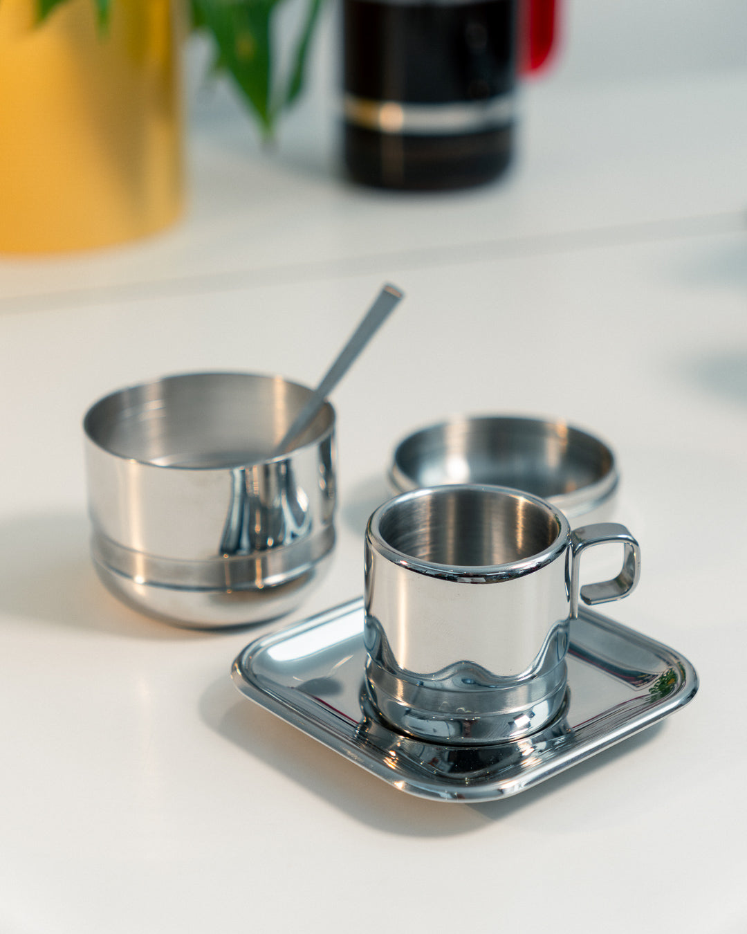 1980s Vintage Zini Italy double-walled stainless steel espresso set with cups, saucers, spoons and sugar server. Vecino Shop
