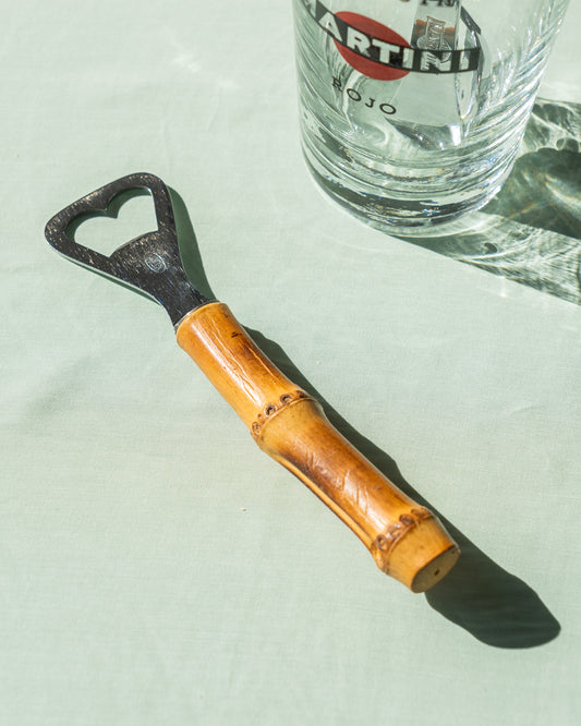 Vintage 1970s bamboo handle bottle opener – polished metal and natural bamboo – Vecino Shop