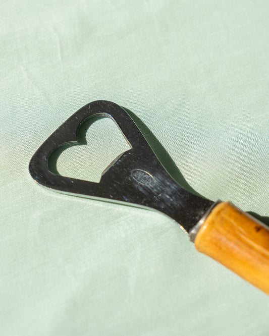 Vintage 1970s bamboo handle bottle opener – polished metal and natural bamboo – Vecino Shop