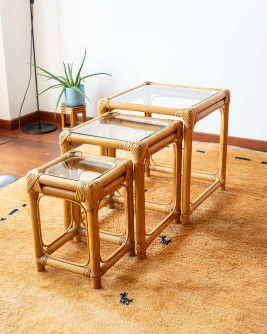 1970s vintage bamboo nesting tables with glass tops – boho accent set. Vecino Shop.