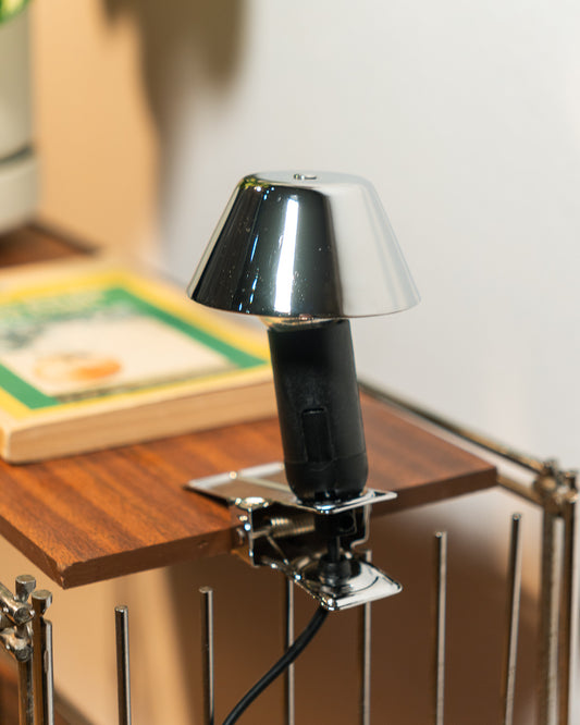 Rare vintage chrome clamp lamp with mushroom style shade, direct bulb fitting, Space Age look. Vecino Shop