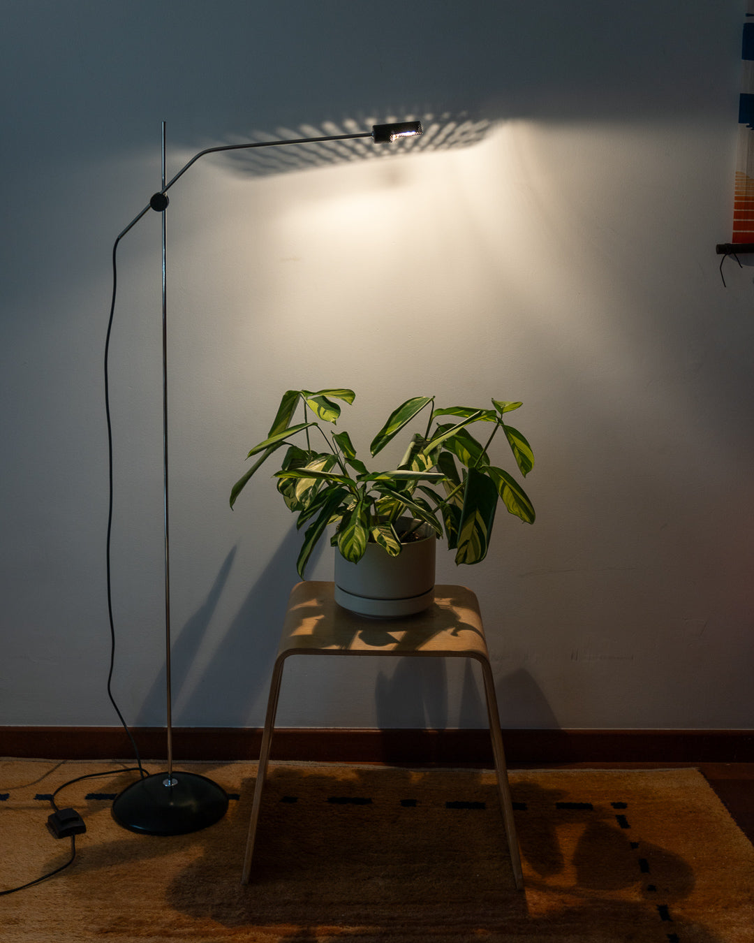 Vintage black and chrome floor lamp with perforated metal diffuser, adjustable height 1.50–1.80 m – Vecino Shop