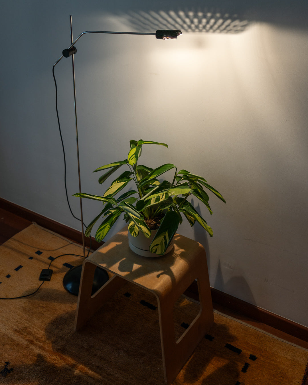 Vintage black and chrome floor lamp with perforated metal diffuser, adjustable height 1.50–1.80 m – Vecino Shop