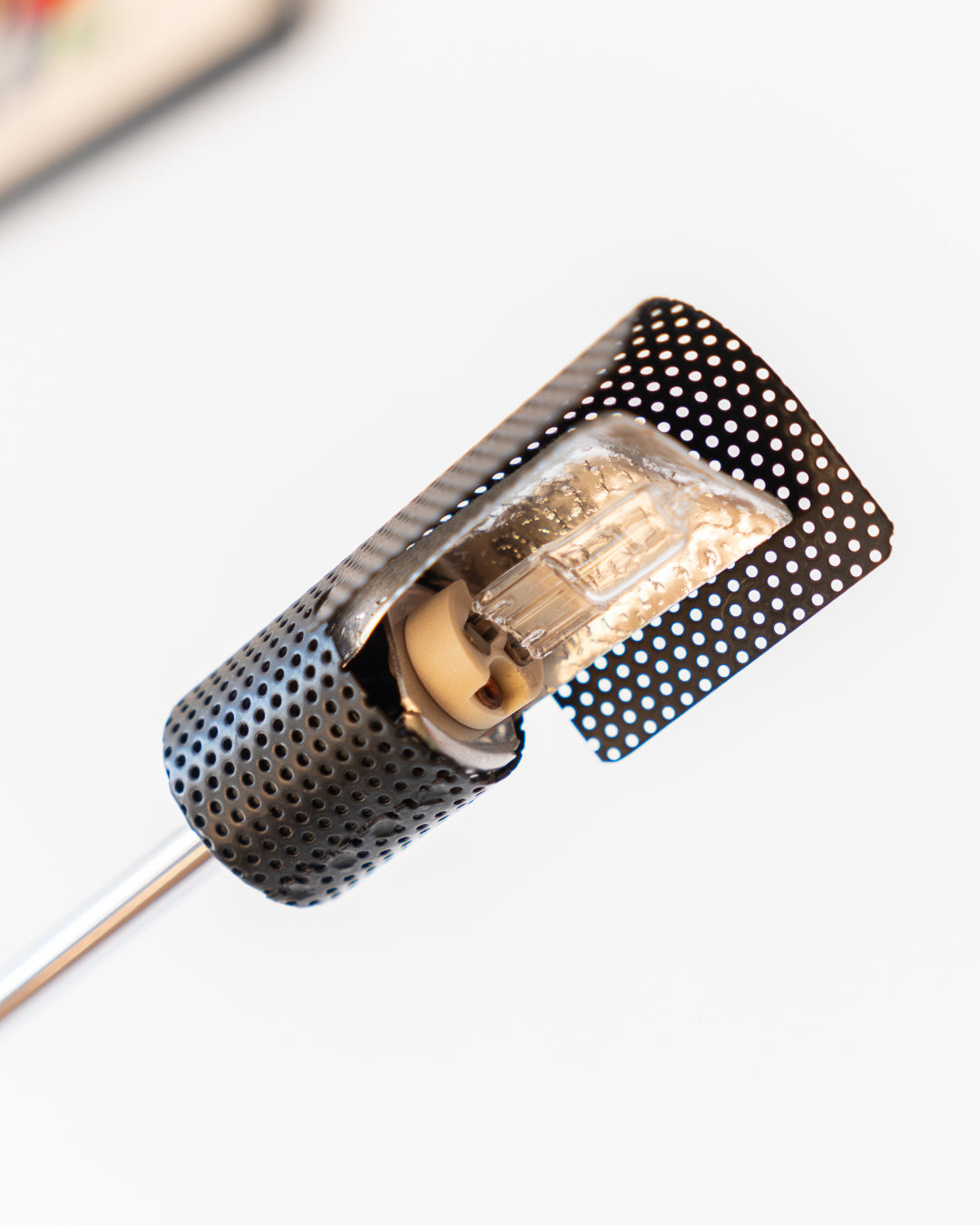 Vintage black and chrome floor lamp with perforated metal diffuser, adjustable height 1.50–1.80 m – Vecino Shop