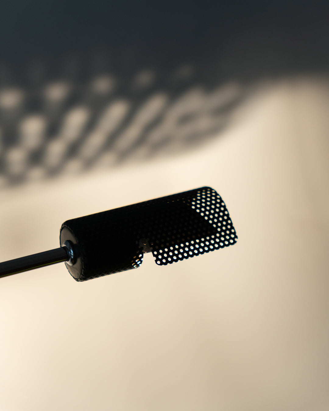 Vintage black and chrome floor lamp with perforated metal diffuser, adjustable height 1.50–1.80 m – Vecino Shop