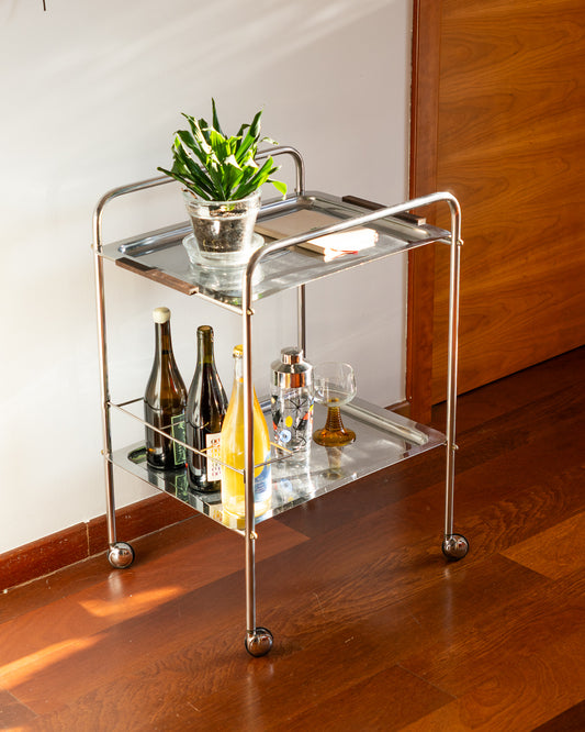 Vintage mid century modern stainless steel and chrome two-tier bar cart with teak handles and bottle divider, 1970s
