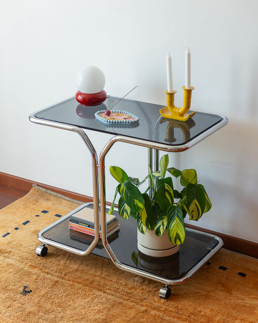 Vintage Chrome & Smoked Glass 2-Tier Side Table – 1970s