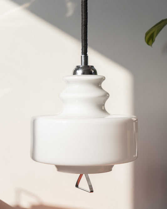 Vintage Space Age Opaline Glass Ceiling Lamp - Vintage 1960s extendable ceiling lamp with white opaline glass shade, chrome details, and black coiled cord. Iconic Space Age lighting in excellent condition.