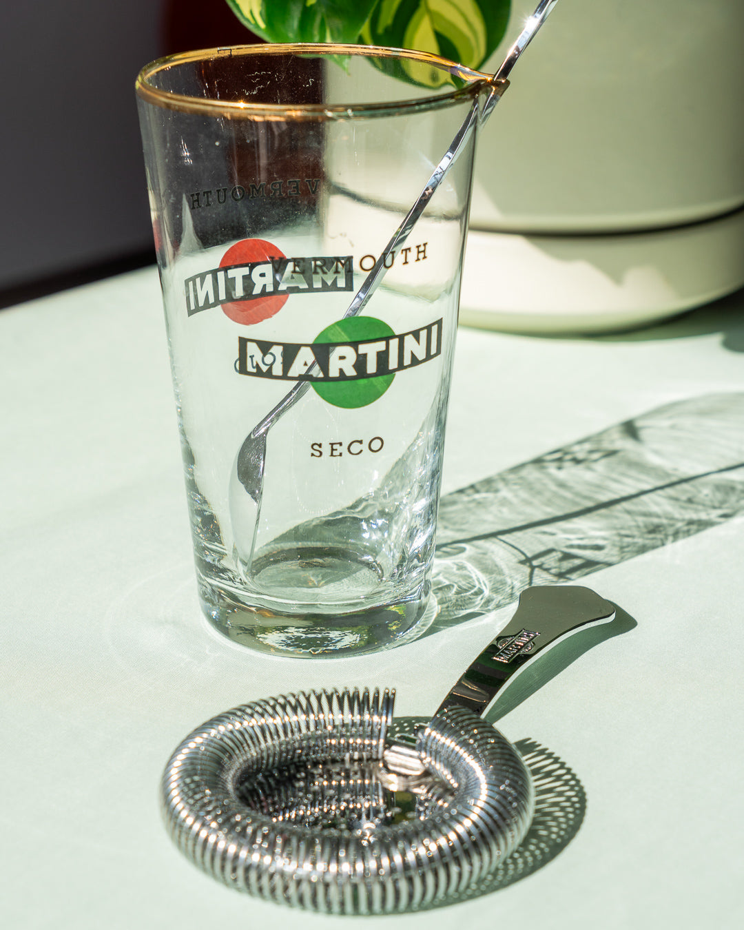 Vintage Martini cocktail shaker with glass spoon and strainer – Vecino Shop