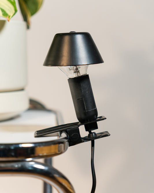 Vintage E.P.T. mini mushroom clip lamp in matte black, 1990s Spanish design with clip base. Vecino Shop